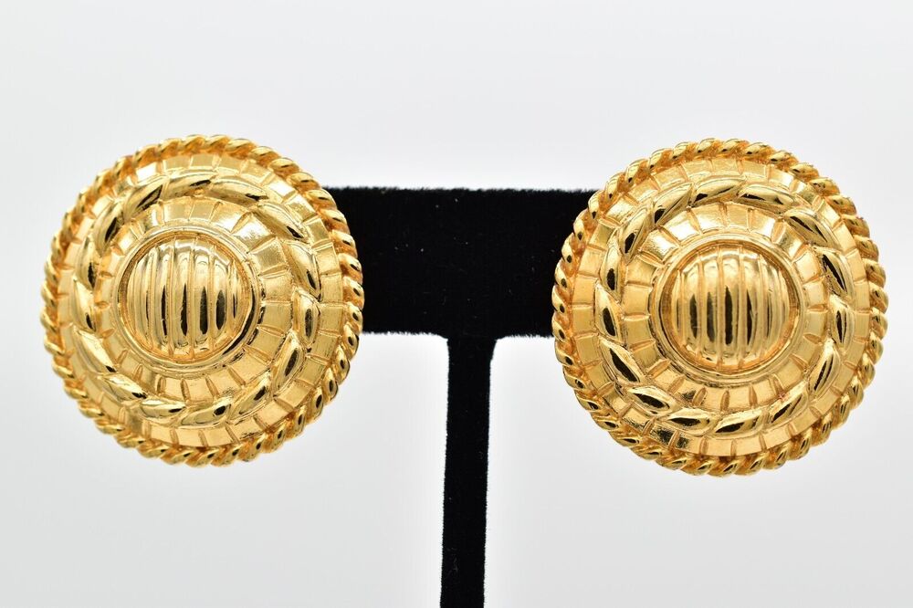 MACY Vintage Clip Earrings Round Heavy Chunky Gold Tone Rare Signed BinBF